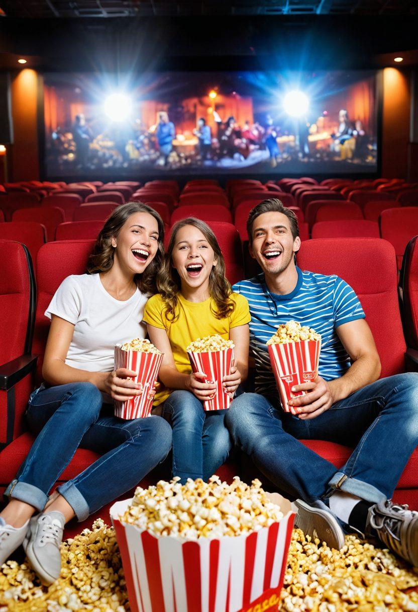A joyful family of four enjoying a blockbuster movie night at a Cinemark theatre, with vibrant popcorn and snacks in hand. The atmosphere is lively, filled with colorful movie posters and excited expressions. Include a big screen displaying an action-packed scene and bright lights reflecting fun and excitement. Capture moments of laughter and togetherness, surrounded by plush movie seats. ultra-realistic. vibrant colors. cinematic atmosphere.
