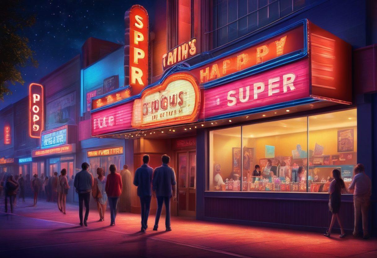 A vibrant cinema scene featuring a colorful marquee showcasing 'Super Happy Hour' with people joyfully entering the theater. Emphasize playful elements like popcorn, film reels, and cocktails in hand. Include a backdrop of blockbuster posters and bright neon lights. Capture the excitement of movie lovers in a joyful atmosphere. super-realistic. vibrant colors. digital art.