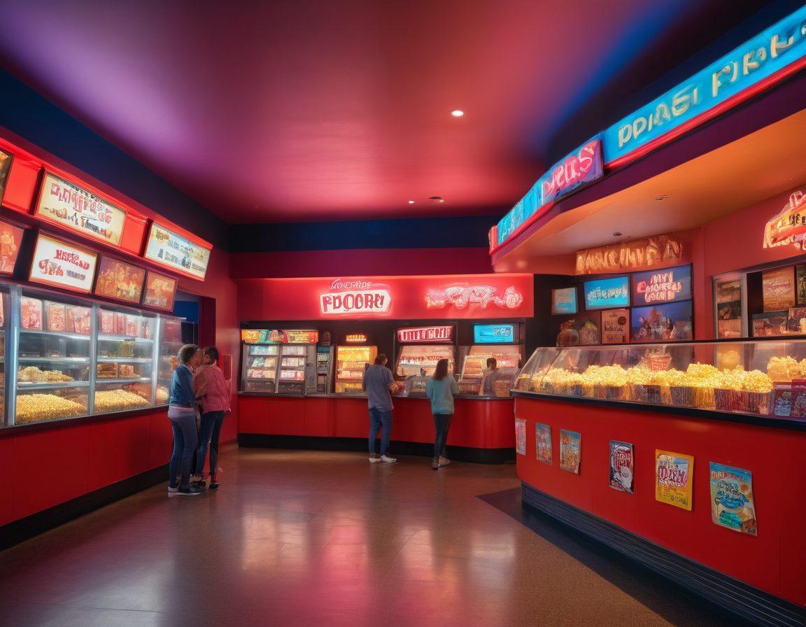 A vibrant movie theater lobby showcasing glowing neon lights and an array of popcorn varieties, with families and friends excitedly chatting. In the background, a large screen displays classic movie posters, while a popcorn machine serves fresh popcorn. Bright and inviting colors fill the scene, conveying the joy of cinema. neon lights. super-realistic. vibrant colors.